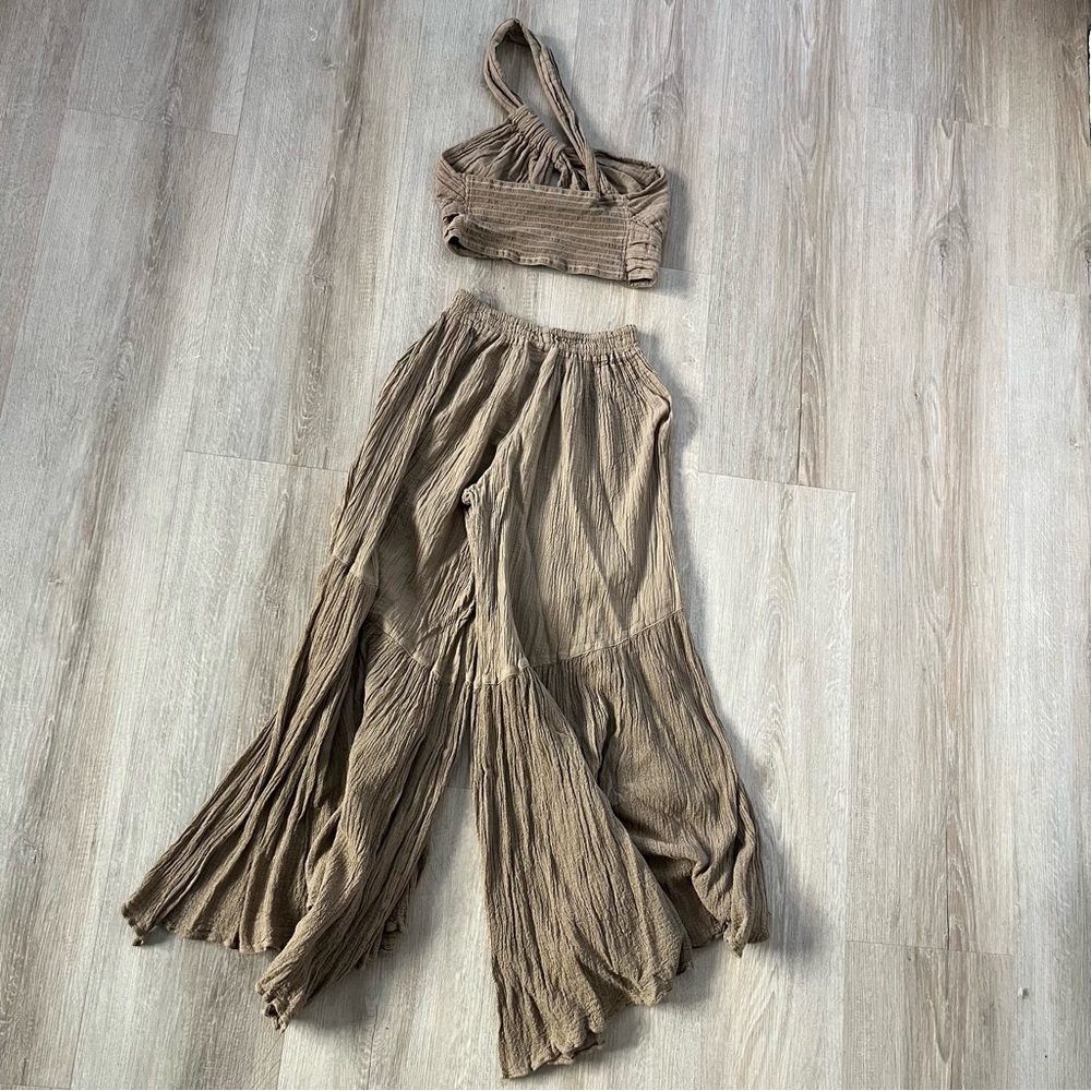 D'Artemide Greece 100% Cotton Boho Two Piece Pant Set Light Brown - Picture 4 of 6